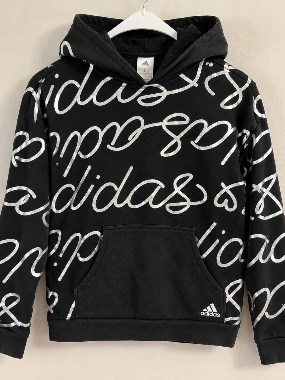 Adidas Girls Black & Silver Script Hoodie – Size L/14